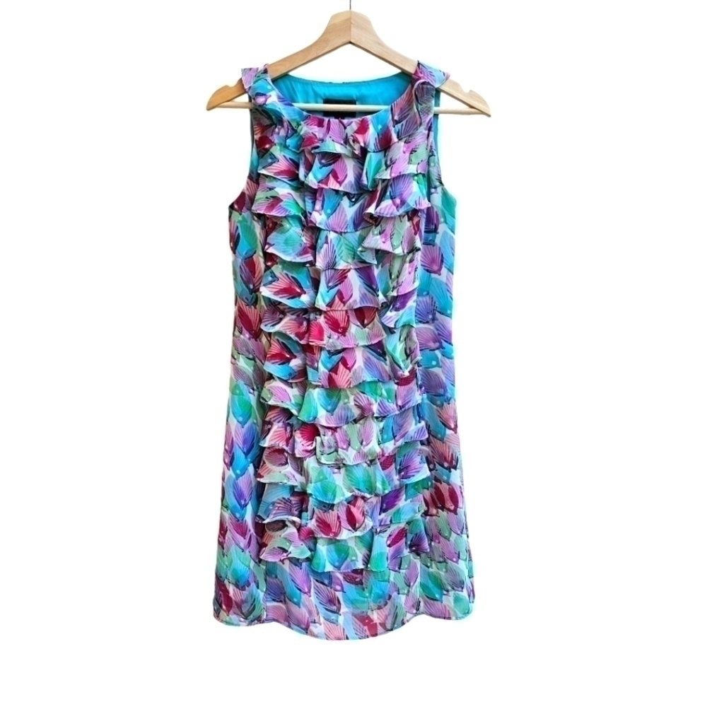 Adrianna Papell Ruffle Watercolor Shell or Leaf Print Dress Teal Purple Size 2